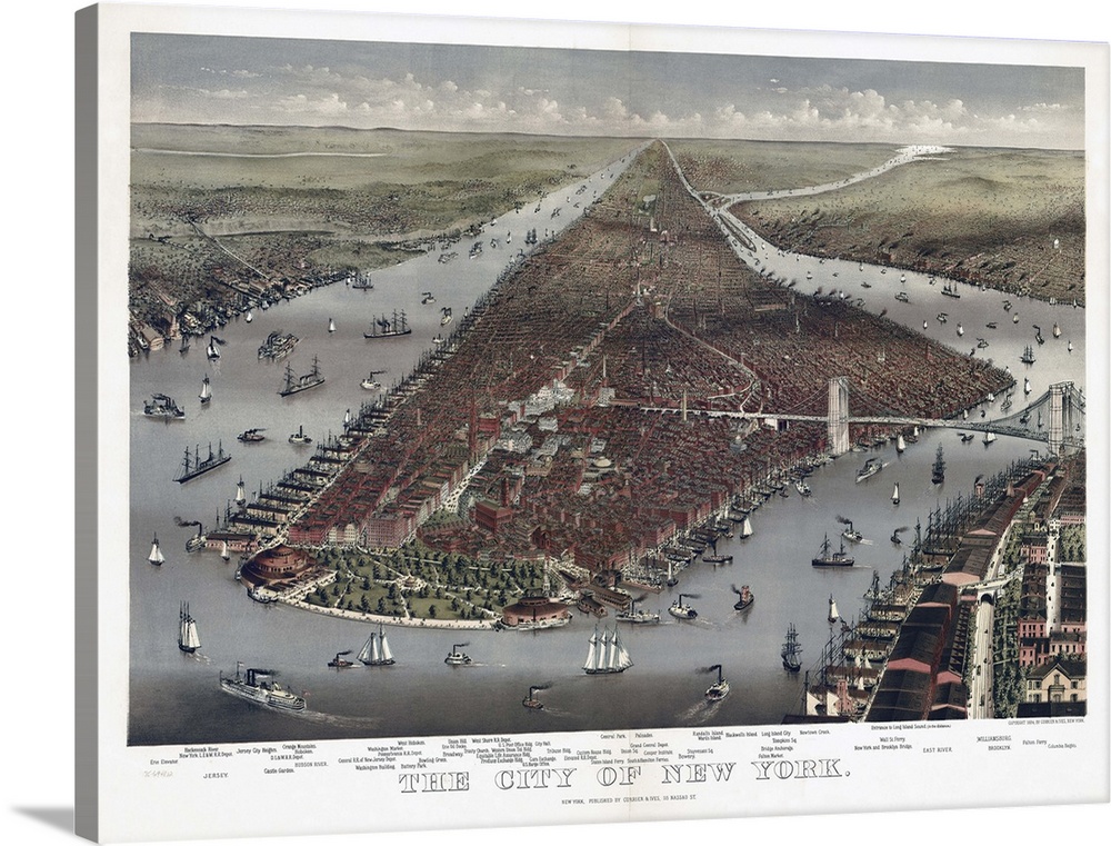 Bird's-eye view of New York and parts of Brooklyn. Lithograph by Currier & Ives, 1884.