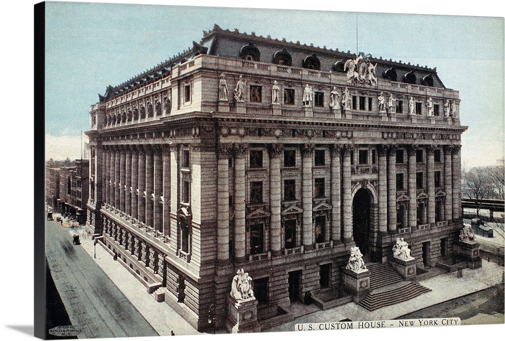 The Beaux-Arts style building was constructed, 1902 to 1907, at Bowling Green in lower Manhattan. American postcard, c1930.