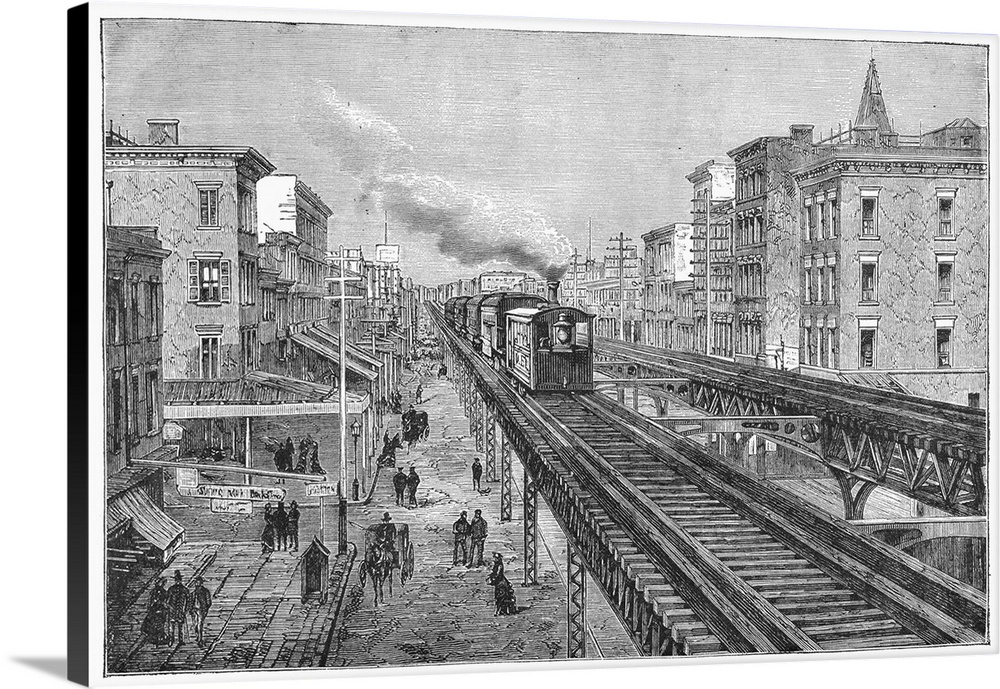 New York City's first municipal elevated railroad, running from the Battery to Central Park. Wood engraving, French, c1878.