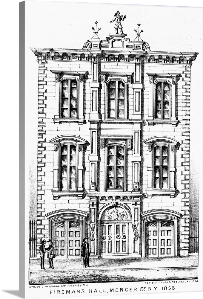 Firemen's Hall at Mercer Street, New York. Lithograph, 1856.