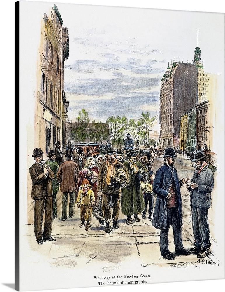 Newly landed immigrants at Bowling Green, walking up Broadway from Castle Garden, New York City. Wood engraving, c1880.