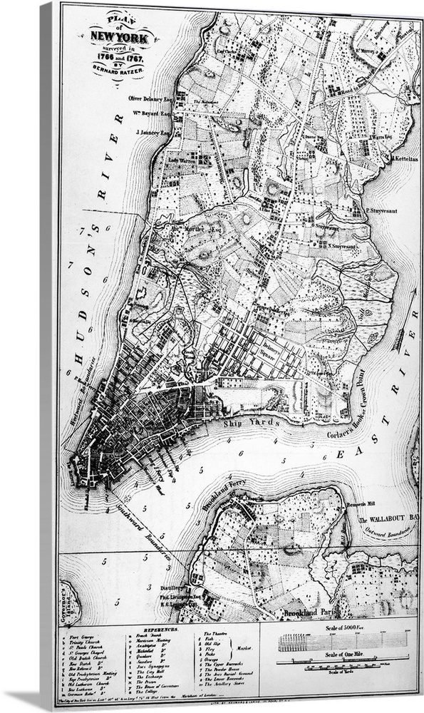 Bernard Ratzer's map of New York, 1767, showing lower Manhattan and parts of Brooklyn.