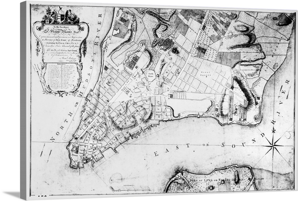 Plan of the City of New York, surveyed in 1767 by Bernard Ratzer, and inscribed by Ratzer to Henry Moore. The map also sho...