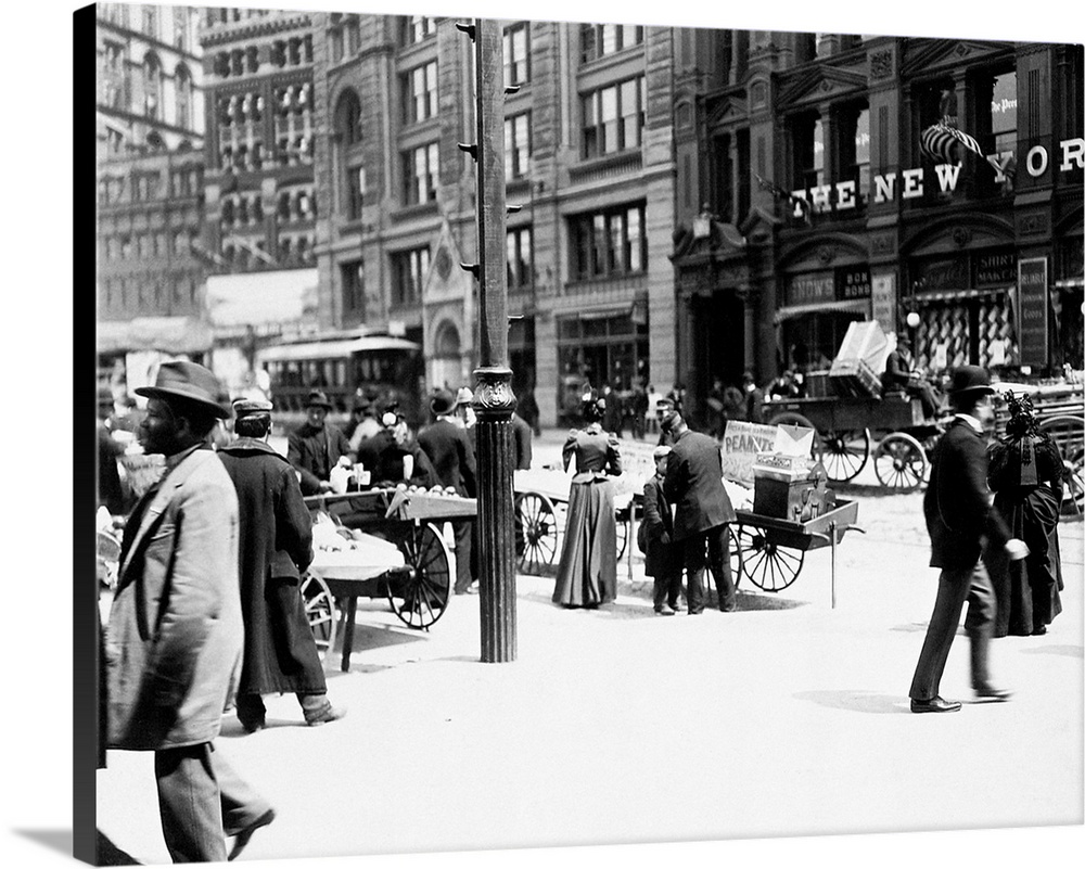 A scene on Park Row in Lower Manhattan, New York City. Photographed by Joseph Byron, 1895.