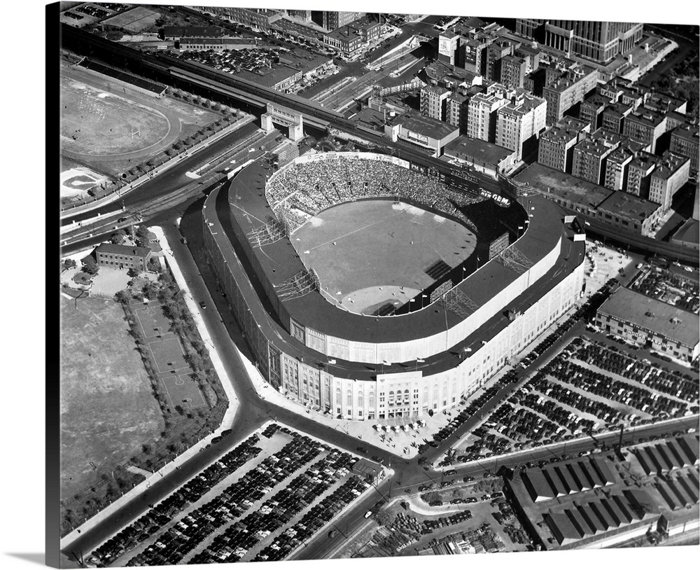 Aerial view of Yankee Stadium in the Bronx, where an audience of 73,000 is watching the opening game of the 1947 World Ser...