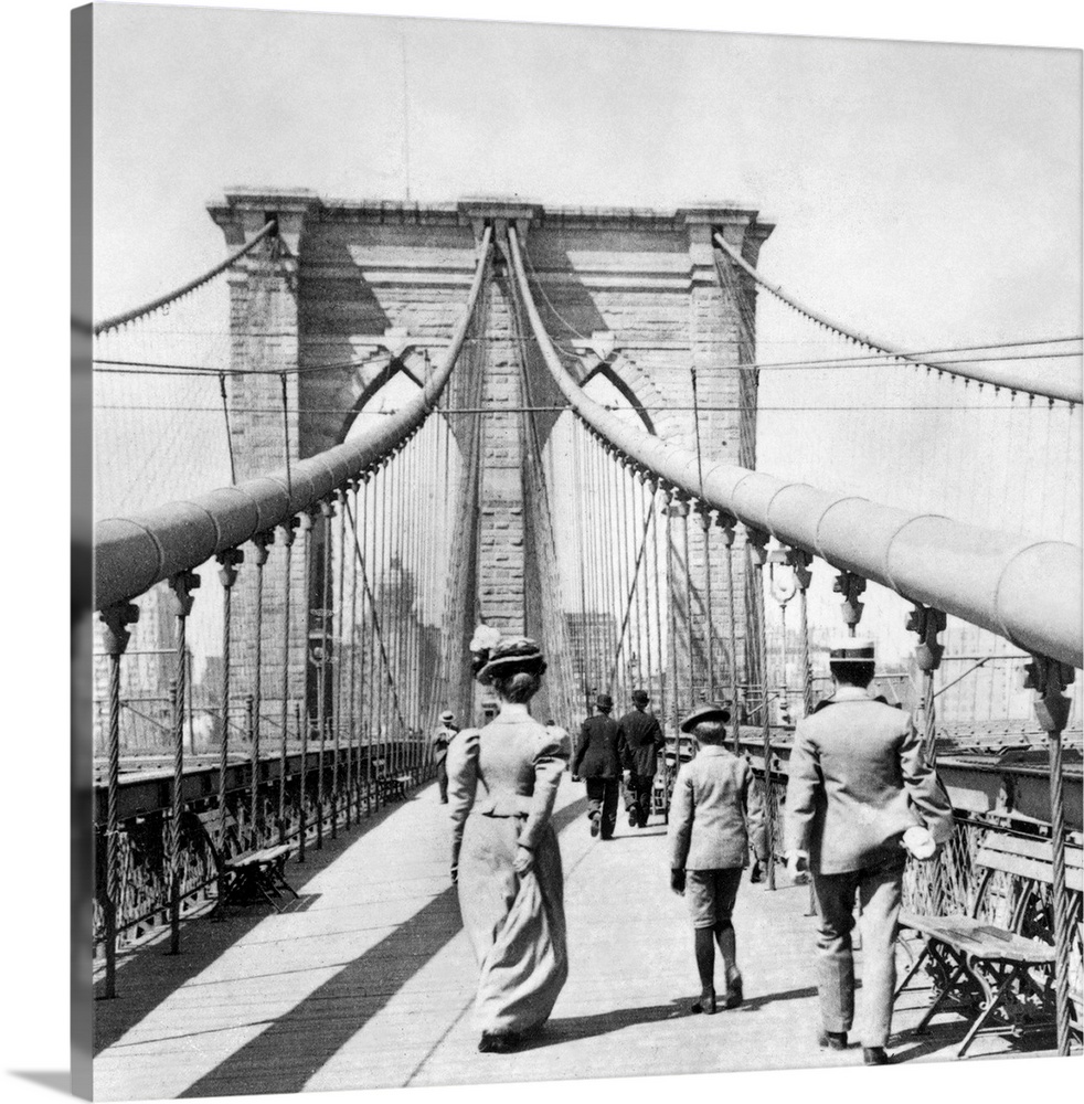 On the pedestrian promenade of the Brooklyn Bridge. Photograph, from a stereograph view, c1899.