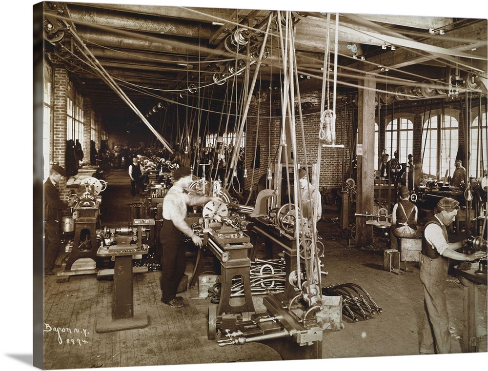 The lathe room of an unidentified New York City factory showing the complete absence of any safety devices, c. 1900.