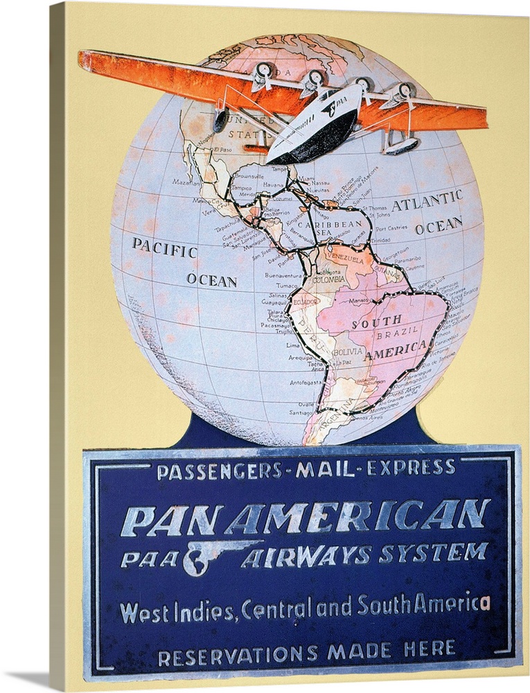A Pan American Airways display card from 1934 featuring a Sikorsky S-42 airplane.