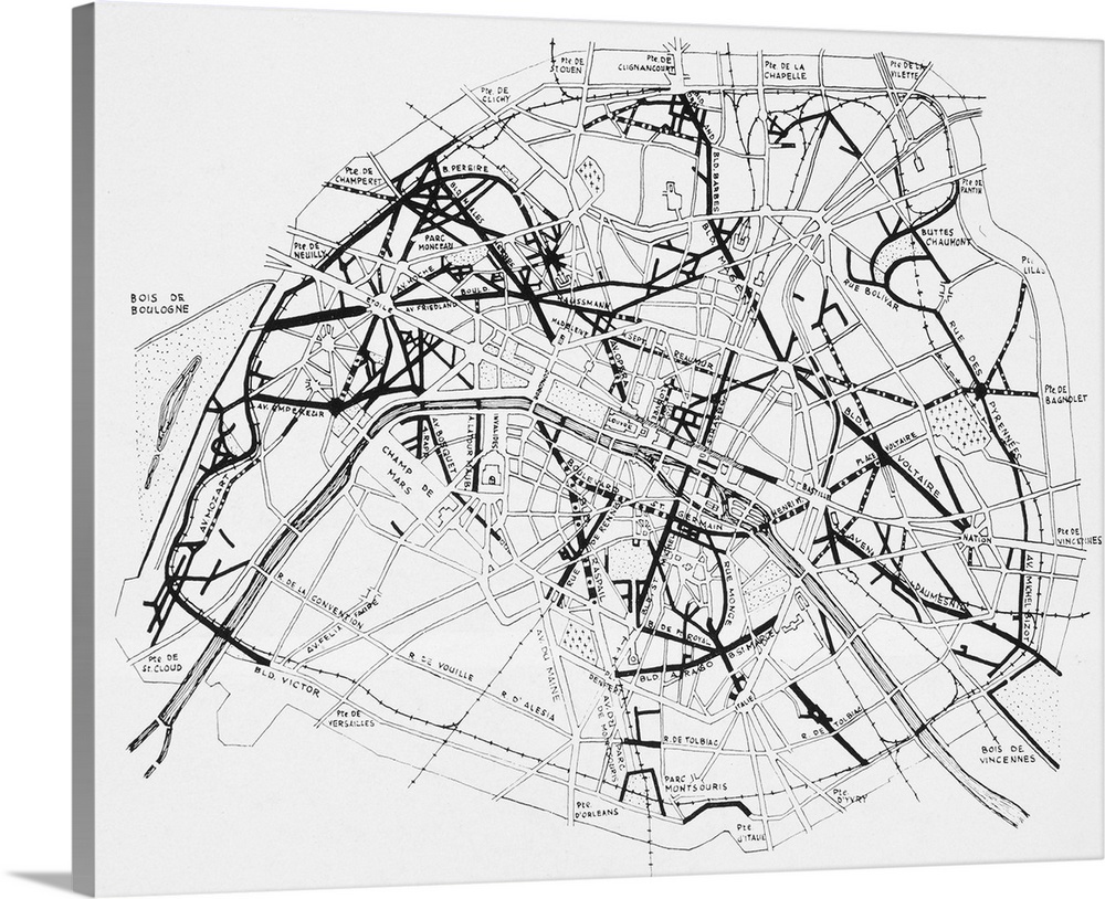 Plan of Paris, France, c1870, showing Georges Eugene Haussman boulevards superimposed in heavy black.
