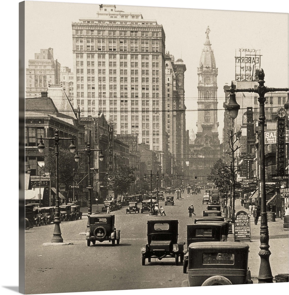 Looking north on Broad Street towards City Hall, Philadelphia, Pennsylvania. Stereograph view, c1920.