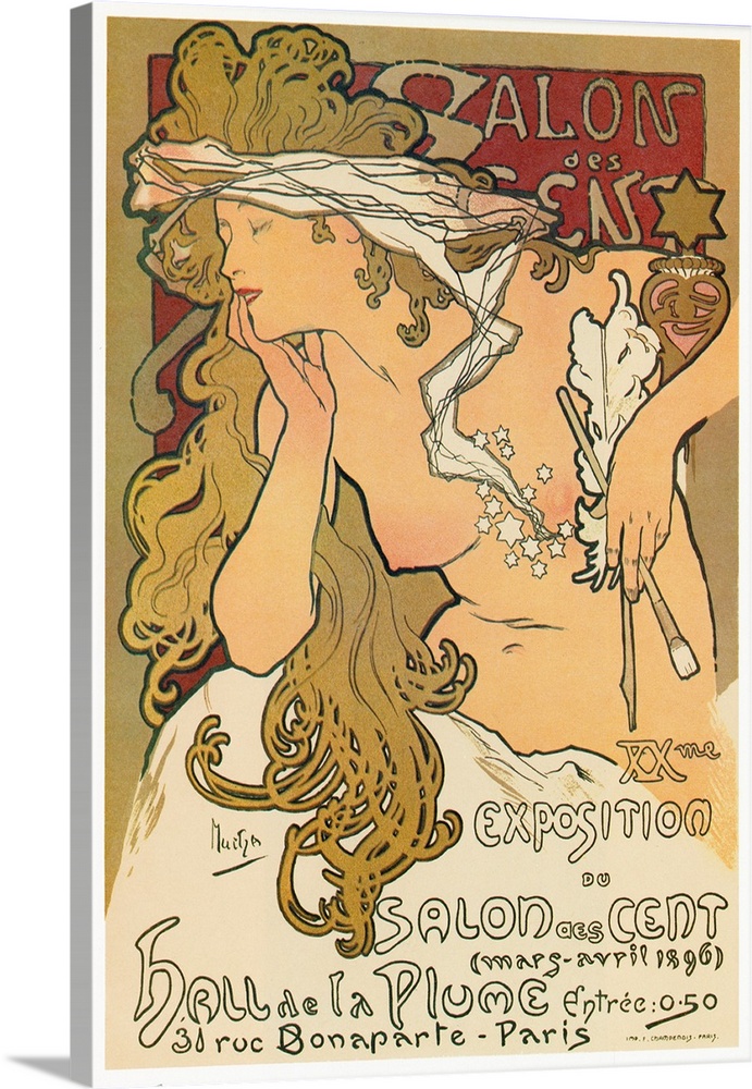 Poster for the 20th exhibition at the Salon des Cent in Paris, France. Lithograph by Alfons Maria Mucha, 1896.