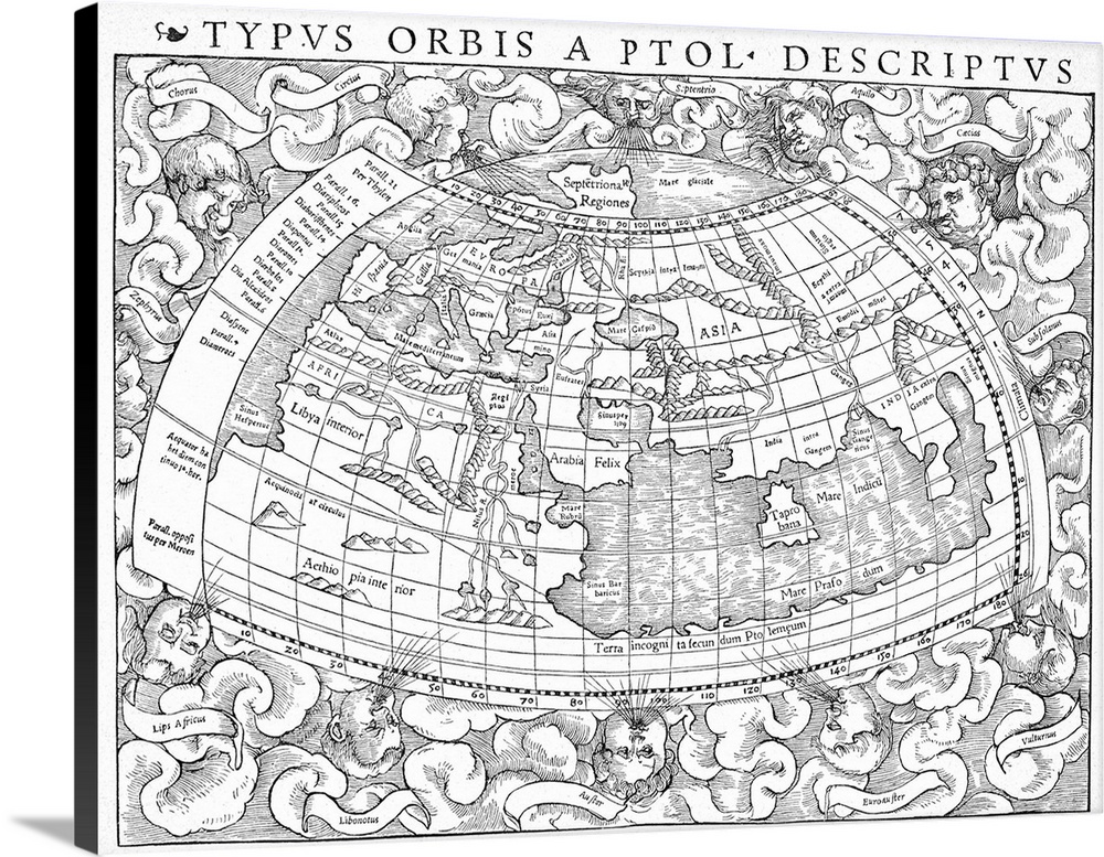 Ptolemy, Geography. Woodcut Map Of Europe, Africa And Asia From A 1545 Edition Of Ptolemy's 'Geography.'