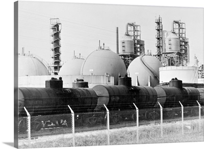 Railroad cars lined up to receive cargoes gasoline from a refinery