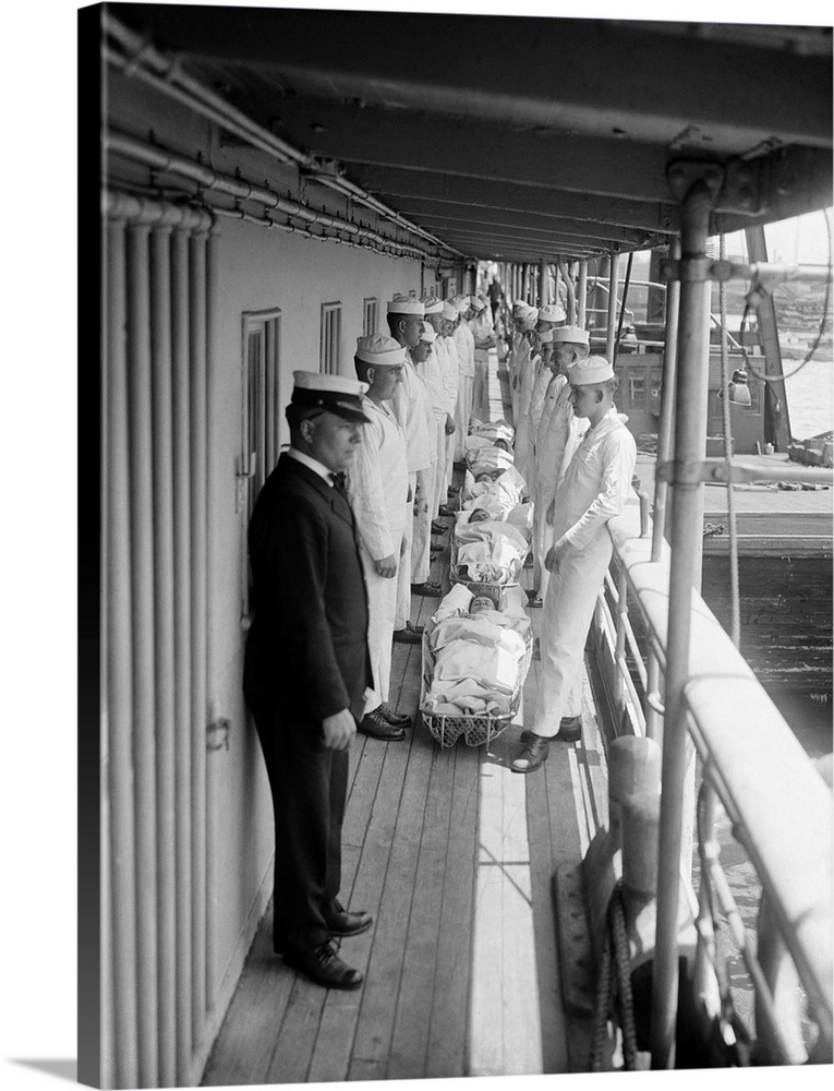 Receiving the sick and wounded aboard the hospital ship 'USS Comfort.' Photograph, c1919.