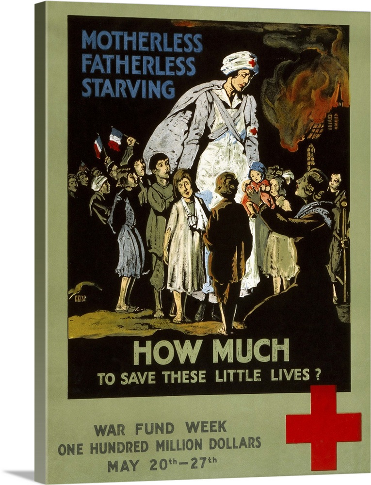 American Red Cross fundraising poster with a Red Cross nurse among French children. Lithograph, 1917.