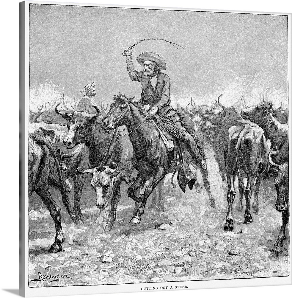 Remington, Cowboys, 1888. 'Cutting Out A Steer.' Wood Engraving, 1888, After A Drawing By Frederic Remington (1861-1908).