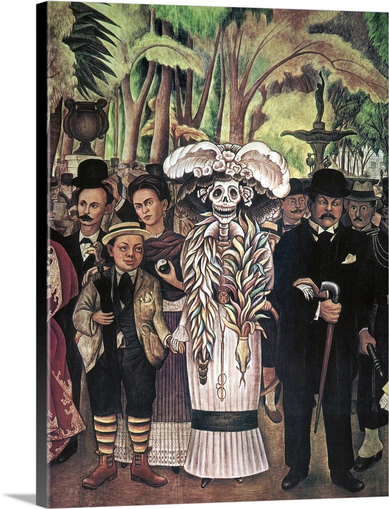 'Dream of a Sunday Afternoon in Alameda Park.' Detail with the Foppish Skeleton, Frida Kahlo, Rivera, Jos? Marti (left) an...