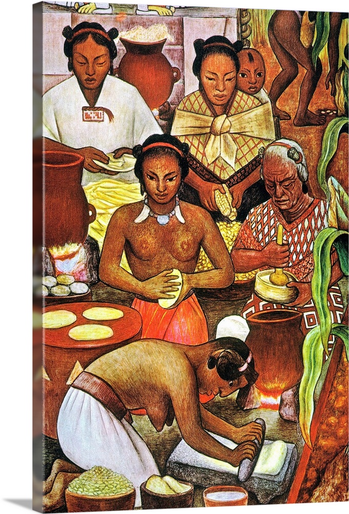 Detail from a mural by Diego Rivera showing Aztec women grinding corn and making tortillas from the flour.