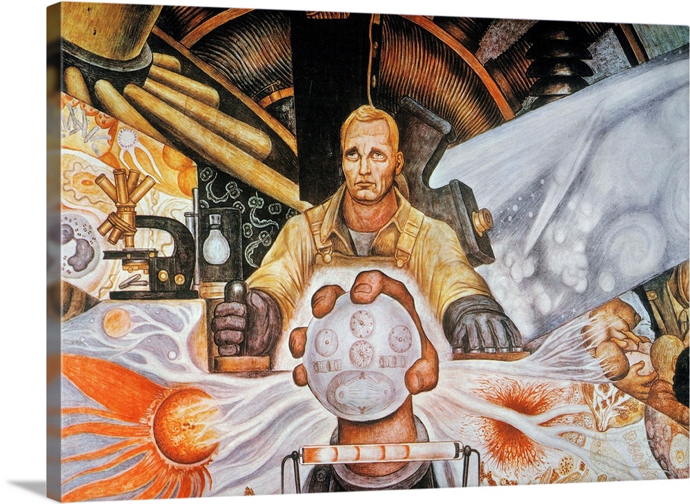 Central detail of 'Man, Controller of the Universe or Man in the Time Machine.' Mural painting by Diego Rivera in the Pala...