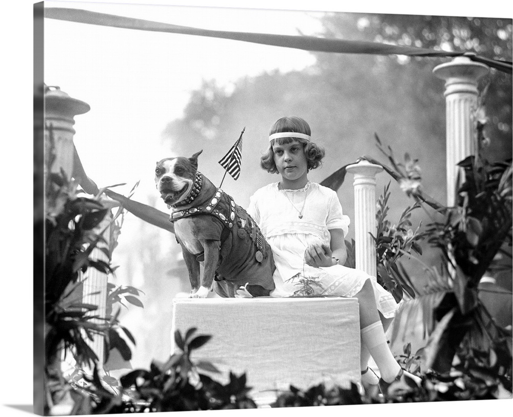 Sergeant Stubby, the most decorated war dog of World War I, riding on a parade float with Louise Johnson in Washington D.C...