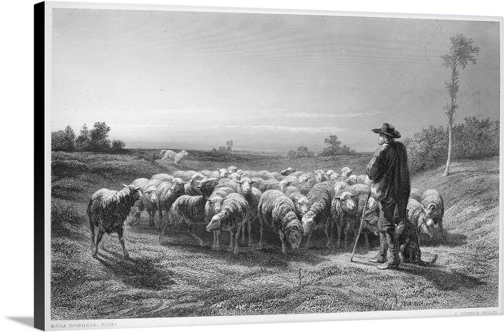 Shepherd, 19th Century. Steel Engraving After Rosa Bonheur (1822-1899).