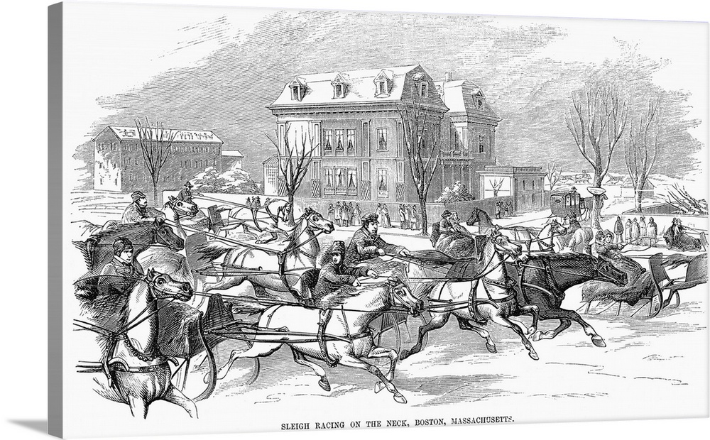 Boston, Sleighing, 1854. Sleigh Racing On the Neck, Boston, Massachusetts. Wood Engraving, 1854.