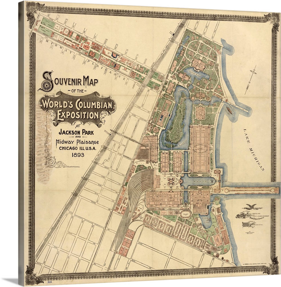 Map, World's Fair, 1893. Souvenir Map Of the World's Columbian Exposition At Jackson Park And Midway Plaisance In Chicago,...