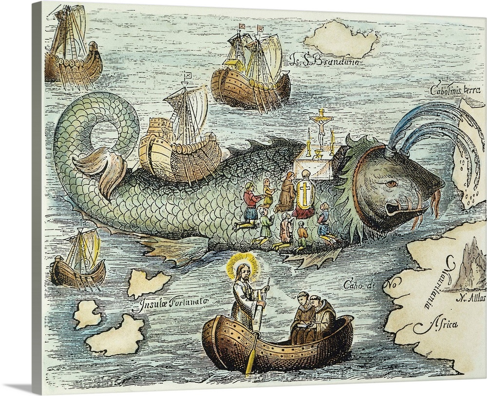 St. Brendan, Mass. St. Brendan And His Monks Celebrate Mass On the Back Of A Whale. Color Engraving After A Medieval Illum...