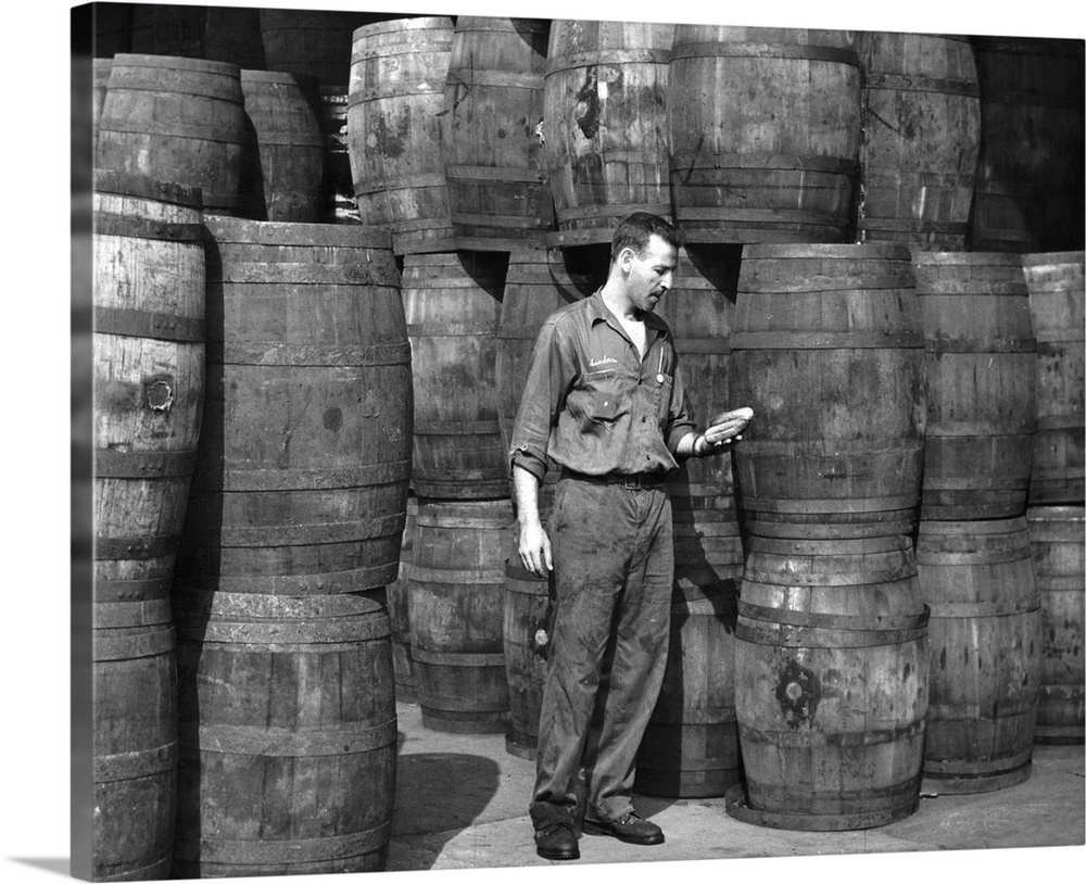 Stanley Hyams amidst barrels at the Washington Pickle Works in Brooklyn, New York. Photograph, Roger Higgins, 1959.