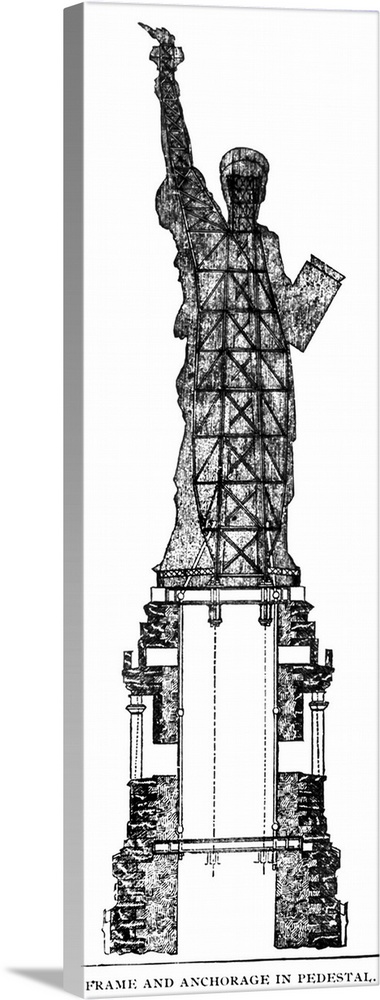 Cross section showing the frame and anchorage in the pedestal of the Statue of Liberty in New York Harbor. Line engraving,...