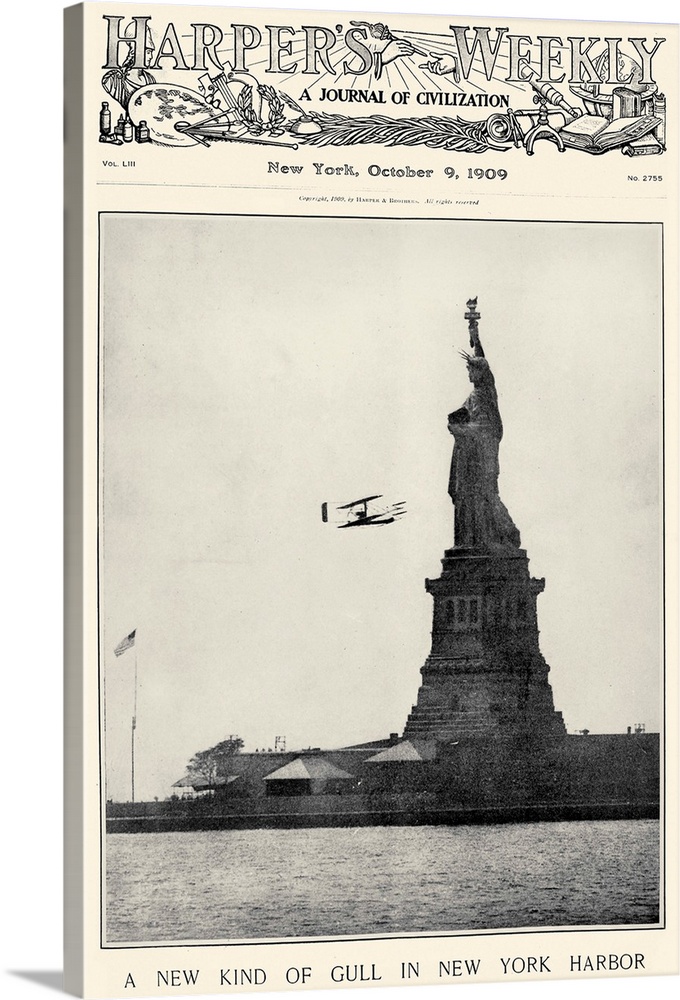 Front page of 'Harper's Weekly,' 9 October 1909, with a photograph of a biplane flying near the Statue of Liberty in New Y...