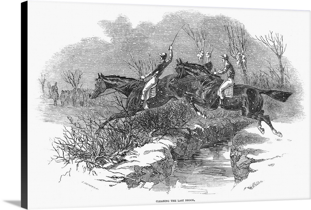 Steeplechase, 1846. Clearing the Last Brook. Wood Engraving, English, 1846.