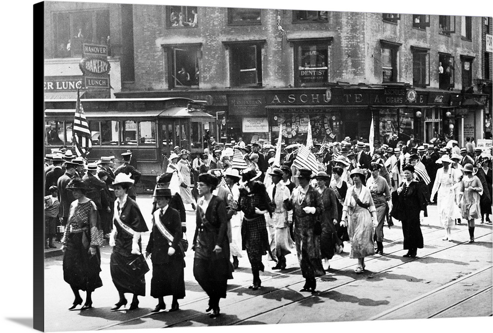 Suffragettes marching in a Victory Parade in New York, probably celebrating the passing of the 19th Amendment, 1920.