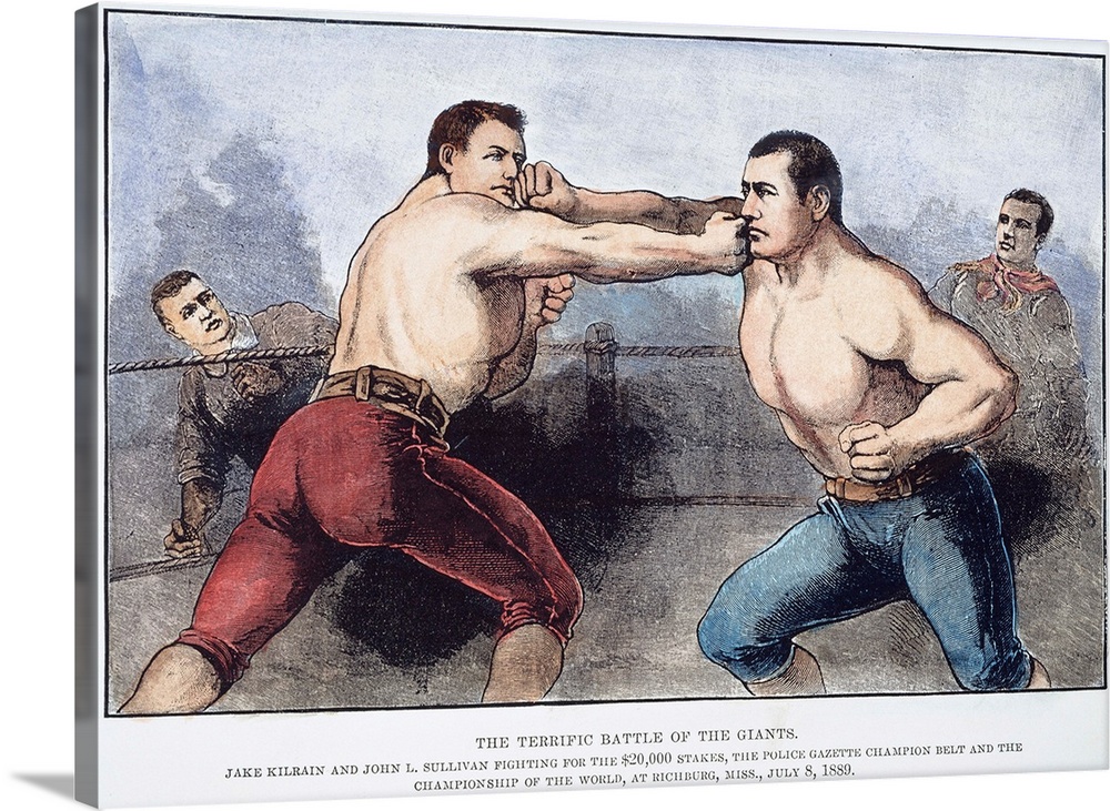 Jake Kilrain (left) and John L. Sullivan in the 75-round contest (8 July 1889) at Richburg, Mississippi, won by Sullivan i...