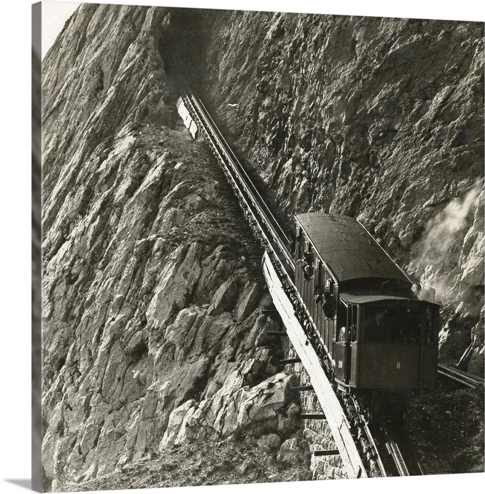 Switzerland, Mt. Pilatus. 'The Railway Up Mt. Pilatus - Car Approaching the Summit, Switzerland.' Stereograph, C1908.