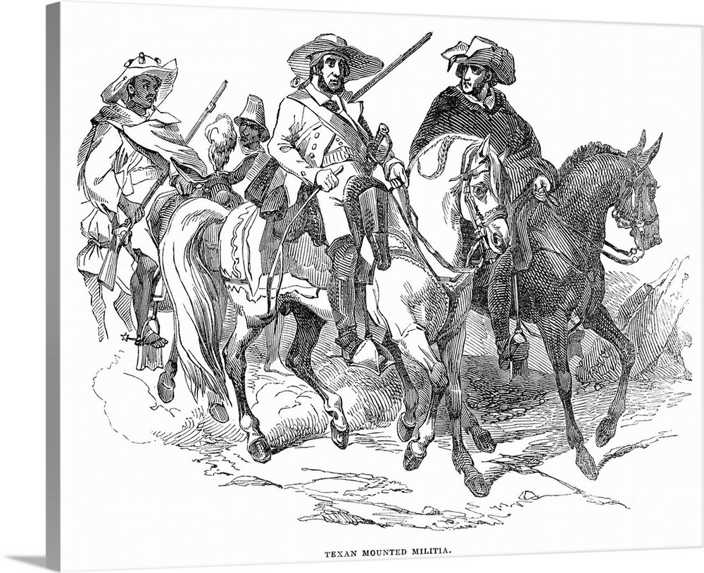 Texas Rangers, 1842. Texan Mounted Militia. Line Engraving, 1842.