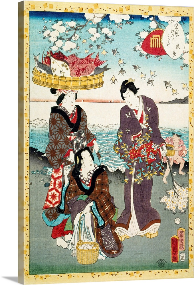 Japan, Beach At Suma. 'The Beach At Suma.' Print From A Series Of Cards Illustrating the Tale Of Genji, By Utagawa Kunisad...
