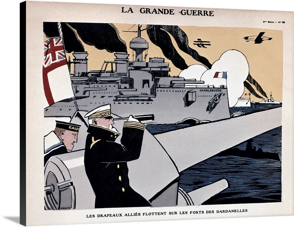 'The Great War.' French poster, c1915, showing Allied ships during a naval battle in the Dardanelles strait during World W...