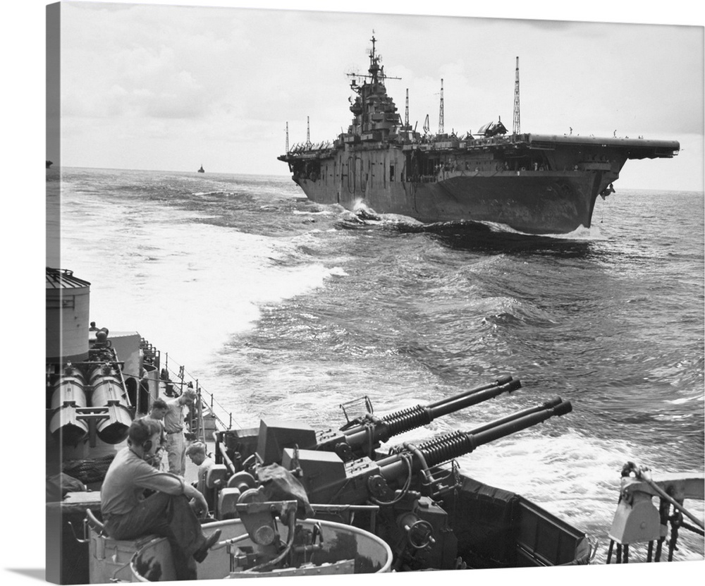 The USS Essex aircraft carrier as seen from the USS Ault, off the coast of Japan, July 1943.