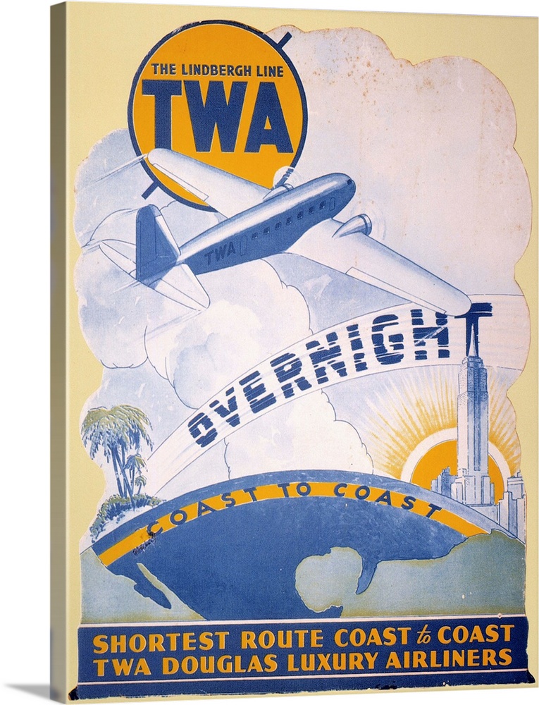 A 1934 Trans-World Airlines poster introducing the new Douglas DC-2 on transcontinental routes.