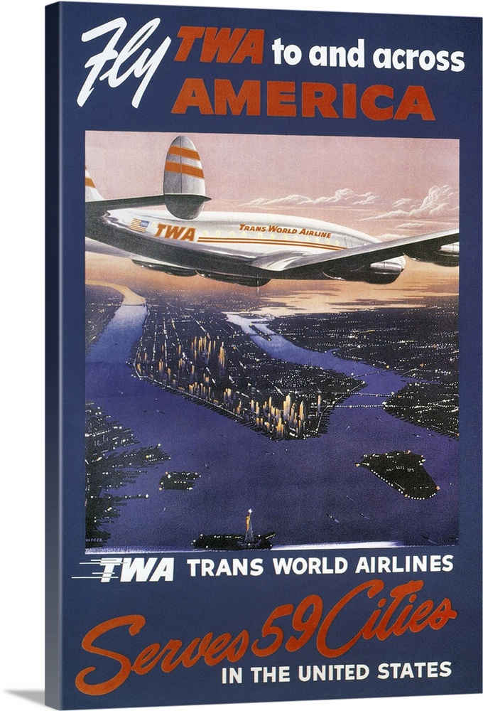 A 1950s Trans-World Airlines poster showing a TWA Lockheed Constellation over Manhattan.