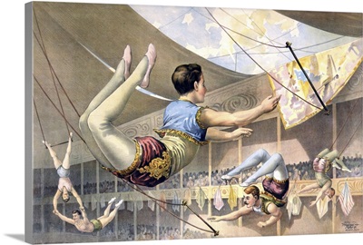 Trapeze artists performing at a circus, 1890