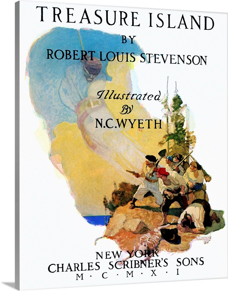 Title page illustration by N.C. Wyeth for a 1911 edition of Robert Louis Stevenson's 'Treasure Island,' first published in...