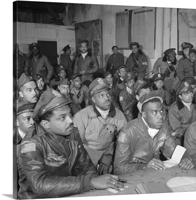 Tuskegee Airmen at a briefing at Ramitelli Airfield, Italy, 1945