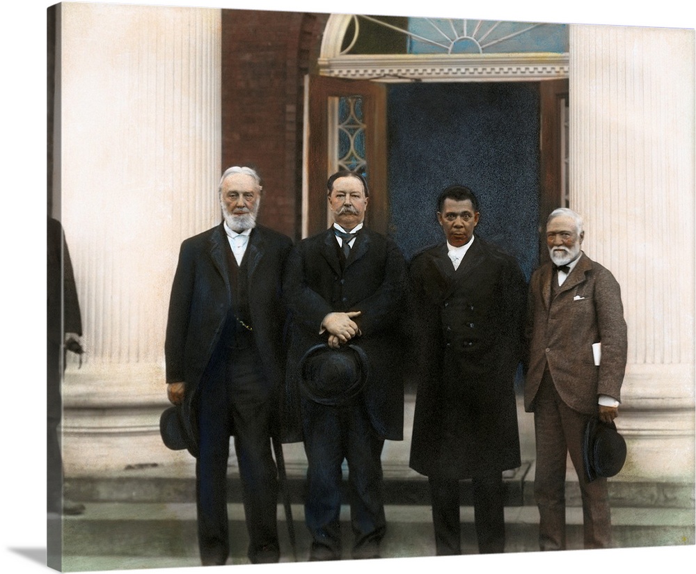 TUSKEGEE INSTITUTE 1906. Left to right: Trustee Robert C. Ogden, William Howard Taft, Booker T. Washington, and Andrew Car...