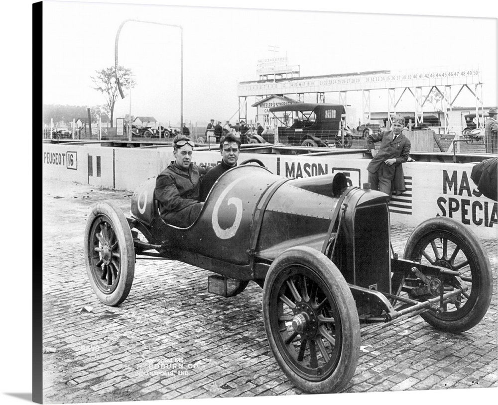 Two racecar drivers at a racetrack in Indianapolis. Photograph, c1913.