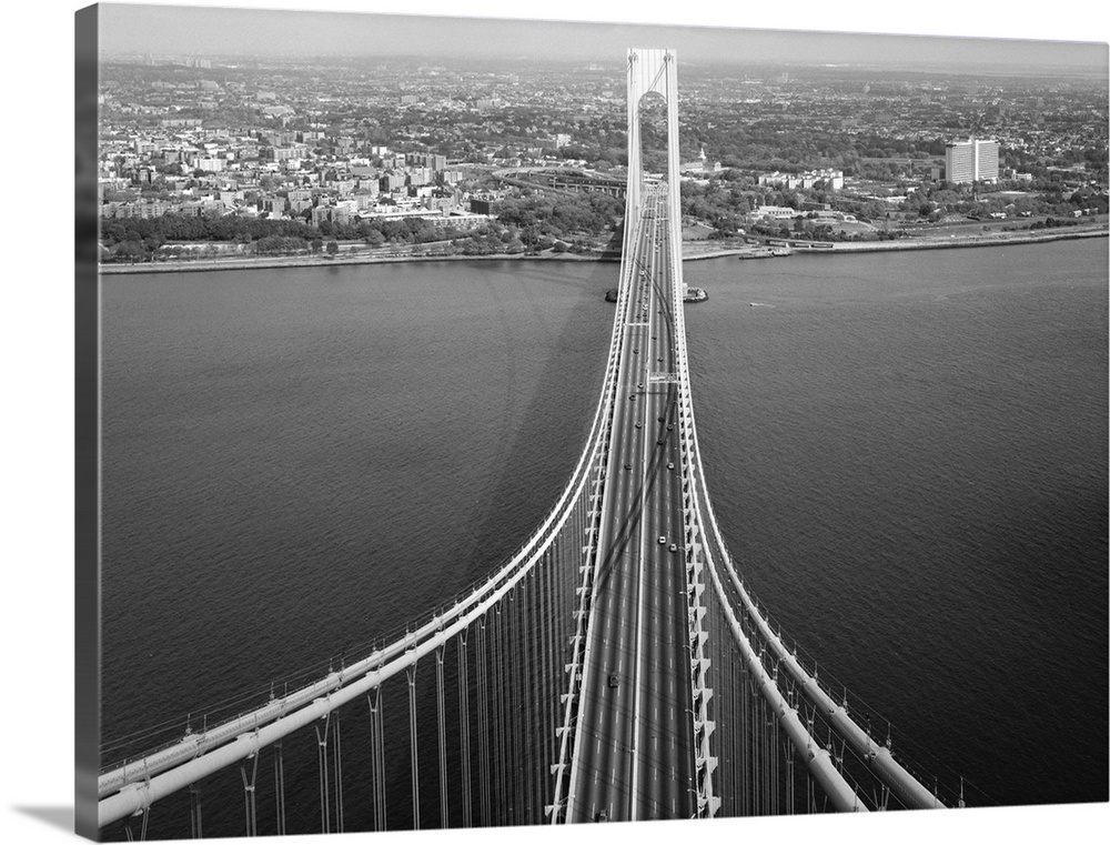 View of the Verrazzano-Narrows bridge looking north toward Brooklyn from Staten Island, New York City. Photograph, c1970.