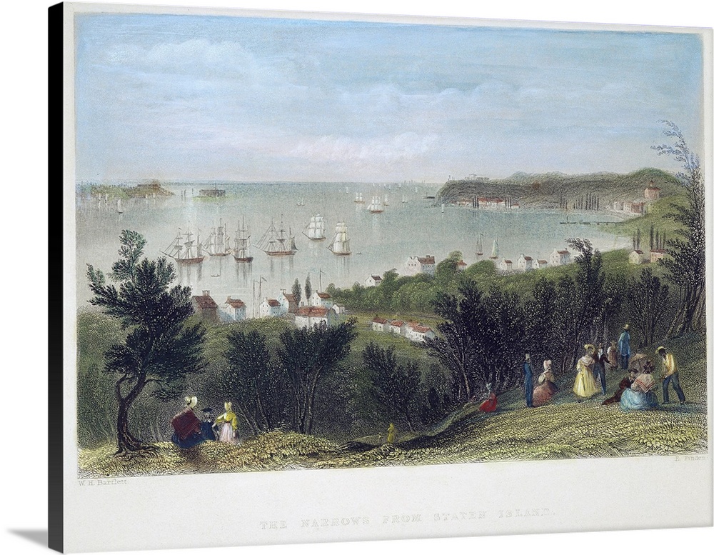 A view of the Narrows of New York Harbor from Staten Island. Steel engraving, 1837, after William Henry Bartlett.