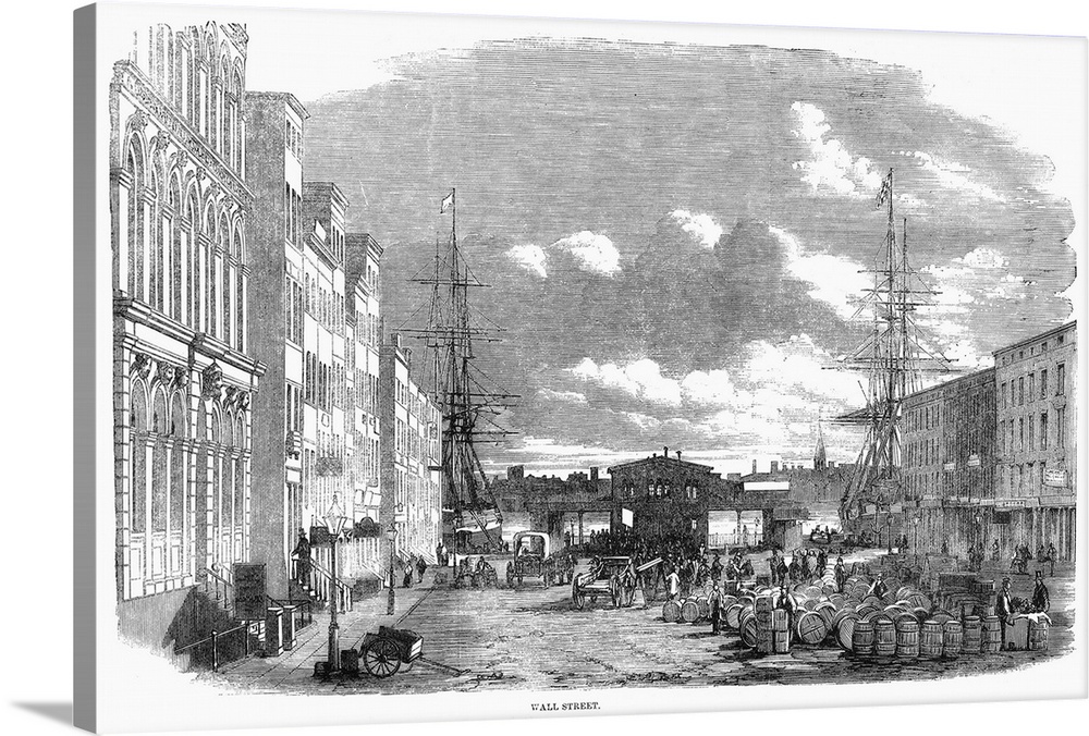 The eastern end of Wall Street, New York. Wood engraving from an English newspaper of 1859.