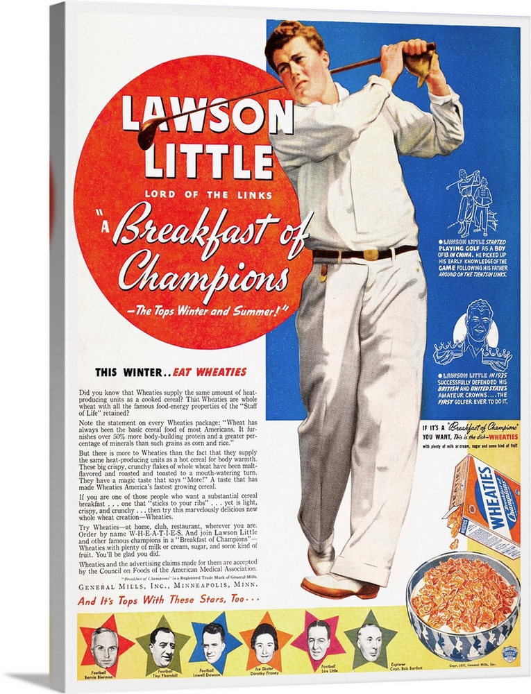 American magazine advertisement, 1937, for Wheaties, 'The Breakfast of Champions,' featuring the golfer Lawson Little.